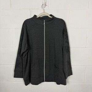 AVE Leisure NWT Mock Neck Knit Full Zip Jacket Size 18/20 Gray Embroidery Casual